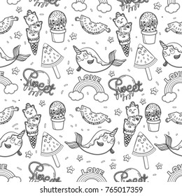 Abstract seamless ice cream pattern for girls or boys. Creative vector background with ice cream, cute eyes, cactus, stars, rainbow. Funny wallpaper for textile and fabric. Fashion ice cream style.