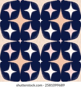 Abstract Seamless Ikat Textile Design with Star Elements in Navy, Beige, and Soft Pink. Stylized Ethnic Ikat Print. Traditional Ikat Pattern with Modern Geometric Aesthetic. Vector illustration.