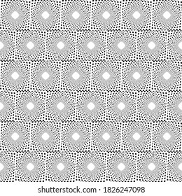Abstract seamless illusion pattern monochrome vector background. 3d effect vector illustration. Geometric seamless pattern with rounded shapes, diamond shapes. Mesh, cage.