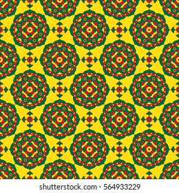 abstract seamless illustration - green and red oriental bloom tiles on a yellow background