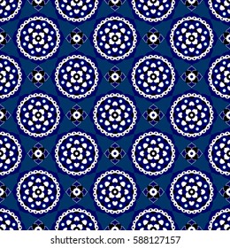 abstract seamless illustration - light and dark blue, black and white oriental bloom tiles
