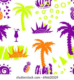 Abstract seamless illustration with palm trees, ethnic decorative sun, pineapple, rounds, triangles, silhouette of cocktails. Summer repeated backdrop. Colorful wallpaper.