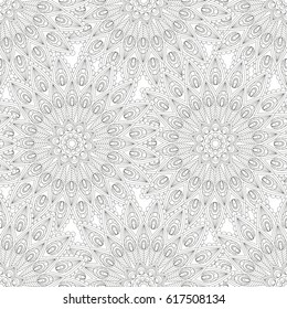 Abstract seamless indian pattern of mandalas. Repeating oriental ornate background. Beautiful pattern of black and white peacock feather. Textile fashion design. Vector illustration.