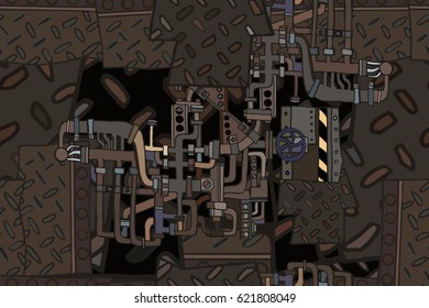 Abstract seamless industrial factory background with fictional pipes, steel gratings and machines. Hand drawn.  