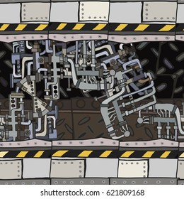 Abstract seamless industrial factory background with fictional pipes, steel gratings and machines. Hand drawn. 