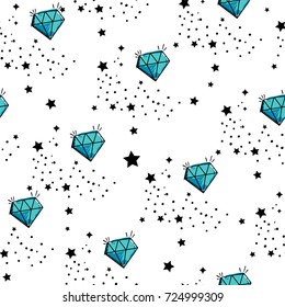 Abstract seamless jewel pattern with dots, stars, diamond elements. Bright colorful repeated backdrop for girls, fashion textile, clothes, wrapping paper. Sketch cartoon hand drawn vector brilliants