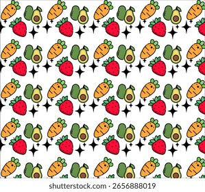 Abstraktes nahtloses kawaiianisches Muster mit bezaubernden Cartoon-Avocados, Karotten, Erdbeeren und funkelnden Sternen auf weißem Hintergrund. design für element, Vektorgrafik.