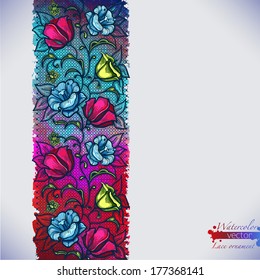 Abstract seamless lace pattern with color flowers and watercolor background. Infinitely wallpaper, decoration for your design, lingerie and jewelry. Your invitation cards, wallpaper, and more.