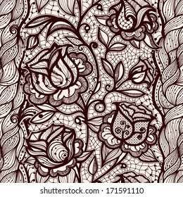 Abstract seamless lace pattern with flowers and leaves. Infinitely wallpaper, decoration for your design, lingerie and jewelry. Your invitation cards, wallpaper, and more.