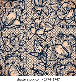 Abstract seamless lace pattern with flowers and butterflies. Infinitely wallpaper, decoration for your design, lingerie and jewelry. Your invitation cards, wallpaper, and more.