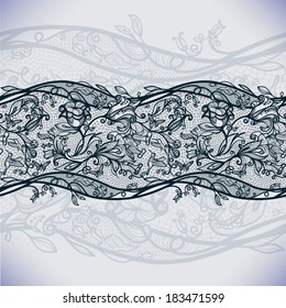 Abstract seamless lace pattern with flowers and butterflies. Infinitely wallpaper, decoration for your design, lingerie and jewelry. Your invitation cards, wallpaper, and more.