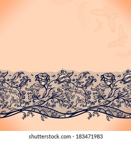 Abstract seamless lace pattern with flowers and butterflies. Infinitely wallpaper, decoration for your design, lingerie and jewelry. Your invitation cards, wallpaper, and more.