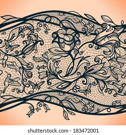 Abstract seamless lace pattern with flowers and butterflies. Infinitely wallpaper, decoration for your design, lingerie and jewelry. Your invitation cards, wallpaper, and more.
