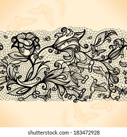 Abstract seamless lace pattern with flowers and butterflies. Infinitely wallpaper, decoration 