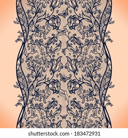 Abstract seamless lace pattern with flowers and butterflies. Infinitely wallpaper, decoration for your design, lingerie and jewelry. Your invitation cards, wallpaper, and more.