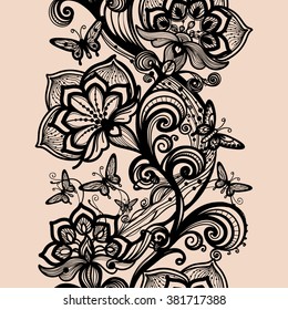 Abstract seamless lace pattern with flowers and butterflies. Infinitely wallpaper, decoration for your design, lingerie and jewelry. Your invitation cards, wallpaper