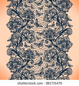Abstract seamless lace pattern with flowers and butterflies. Infinitely wallpaper, decoration for your design, lingerie and jewelry. Your invitation cards, wallpaper