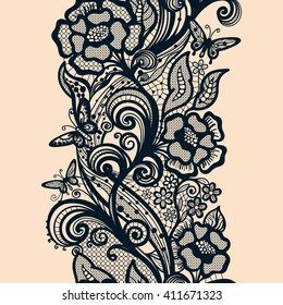 Abstract seamless lace pattern with flowers and butterflies. Infinitely wallpaper, decoration design, lingerie and jewelry. Invitation cards,wallpaper tile ornament.