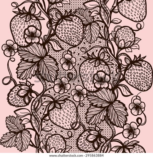 花 葉 イチゴを使った抽象的なシームレスなレース柄 無限の壁紙 デザイン ランジェリー 宝石用の服飾 招待状 壁紙など のベクター画像素材 ロイヤリティフリー