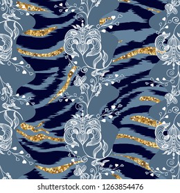 Abstract seamless lace pattern, tiger stripes and gold sparkles.