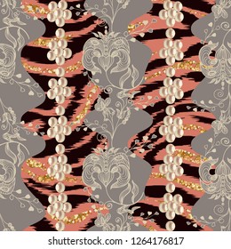 Abstract seamless lace pattern, tiger stripes, pearls and gold sparkles.
