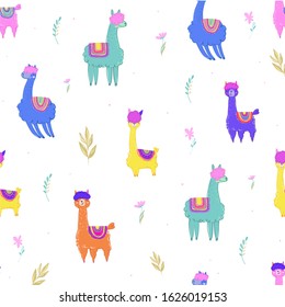 Abstract seamless lamas pattern. Colorful cartoon animal repeated print for fashion textile, clothes, wrapping paper. 