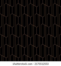 Abstract seamless lattice outline pattern. Hexagonal lattice pattern. Orange thin lines, isolated on black baclground. Stylish texture with figures from lines. Geometric vector background.
