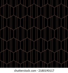 Resumen del patrón de esquema de entramado sin fisuras. Patrón de entramado hexagonal. Líneas delgadas naranjas, aisladas en un fondo negro. Fondo vector geométrico simple.
