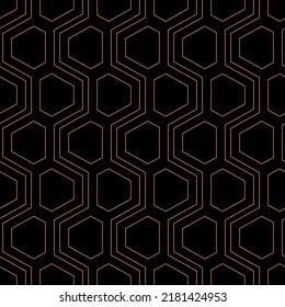 Abstraktes, nahtloses Gitterumriss. Hexagonalgittermuster. Apfelsinen, einzeln auf schwarzem Hintergrund. Geometrischer, einfacher Vektorhintergrund.