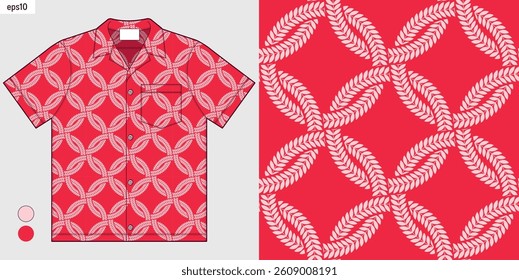Abstract seamless leaf circle shape pattern for Hawaiian shirt. Tropical summer fashion trend. Vector design for beachwear, fashion mockup presentation, fabric print clothing. Not created by AI.