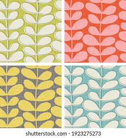 Abstract seamless leaf and vine pattern in 4 color ways with texture overlay. Scandinavian, mid century modern style. Use for backgrounds, fabric design, home decor. Vector illustration.