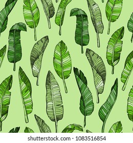 Abstract seamless leaves pattern with tropical leaves