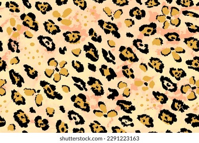 Abstract seamless leopard pattern with black spots and orange flowers on a watercolor background. Trendy botanical and animal skin background.