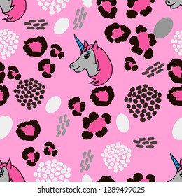 Abstract seamless leopard pattern with unicorn. Can be used for print, website background and fabric design.