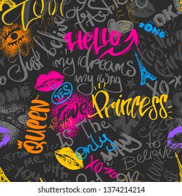 Abstract seamless lettering pattern. Girlish fancy repeated backdrop. 