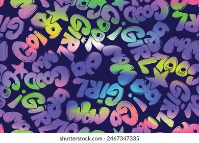 Abstract seamless lettering pattern with graffiti text background. Gradient Lettering ornament in gradient rainbow colors. Street art style text background for girl sport clothes, Fashion textile