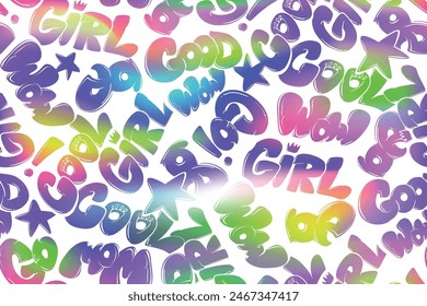 Abstract seamless lettering pattern with graffiti text background. Gradient Lettering ornament in gradient rainbow colors. Street art style text background for girl sport clothes, Fashion textile