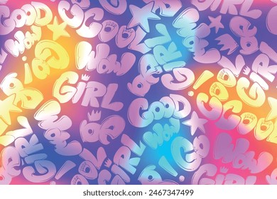 Abstract seamless lettering pattern with graffiti text background. Gradient Lettering ornament in gradient rainbow colors. Street art style text background for girl sport clothes, Fashion textile