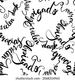 Abstract seamless lettering pattern with international words thank you. Different languages wordings, elegant hand written calligraphy repeat print.