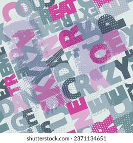 Resumen de patrón de letras sin fisuras con el texto loco, Lucky, extremo, peligro. Ornamentos tipográficos con puntos y letras grandes. ABC repite la impresión para ropa deportiva, papel de envoltura.