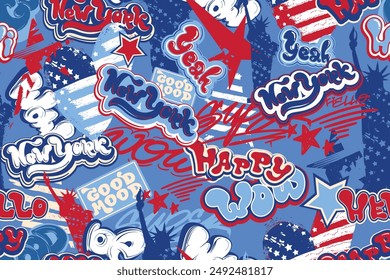 Abstract seamless lettering pattern with text New York, Yeah, happy, good mood drawing in graffiti street art style. Urban lettering ornament. American flag print 