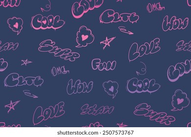 Abstract seamless lettering pattern with text Oh my god, cute, yeah, cool, super, cool. Girlish topography ornament. Words print for sport girl textile, wrapping paper. Graffiti street art style