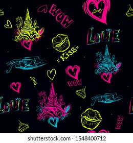 Abstract seamless life Paris pattern on black background with neon bright colorful sketch illustration of kiss lips, French girlish hat, Eiffel Tower, line text Love, wow and kiss,  