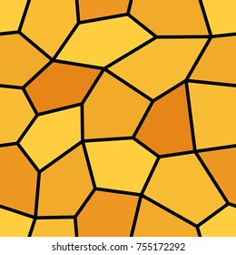 Abstract seamless light and dark yellow pentagons pattern for background. Geometric layout for printing magazine cover, advertise presentation, flyer. Template wallpaper with thick black lines.
