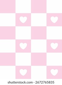 Abstractas patrón de corazón rosa claro y blanco sin fisuras con patrón de cuadros. Ilustración vectorial para el día de San Valentín, baby shower, cumpleaños, impresión de la boda, para el vestido y la materia textil 
