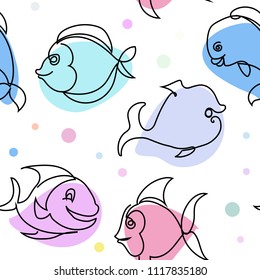 Abstract seamless line art vector pattern with different fishes and colorful spots on transparent background. Seamless vector swatch included.
