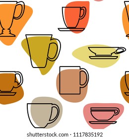 Abstract seamless line art vector pattern with coffee and tea cups  and colorful spots on transparent background. Seamless vector swatch included.