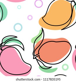 Abstract seamless line art vector pattern with fruits and colorful spots on transparent background. Seamless vector swatch included.