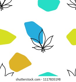 Abstract seamless line art vector pattern with Marijuana leaves and colorful spots on transparent background. Seamless vector swatch included.