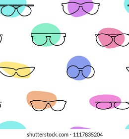 Abstract seamless line art vector pattern with glasses and colorful spots on transparent background. Seamless vector swatch included.
